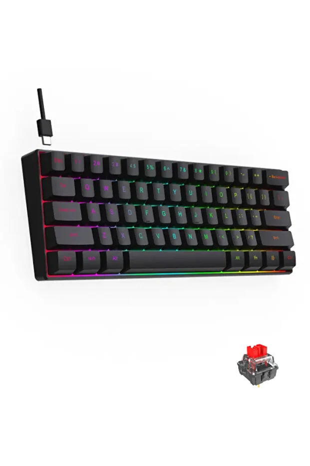 Okalisto Red Switch Mini Rgb Gaming Keyboard Gaming Mechanical 61 Keys 18 Rgb Led Usb Type-c Cable Black New
