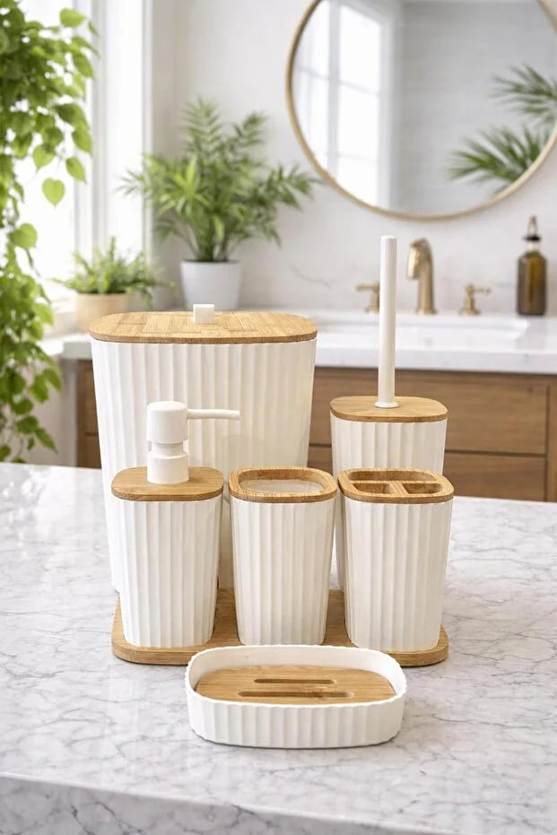 Kitchen Life Wall Adhesive Real Bamboo White 6-Piece Sapphire Bathroom Set