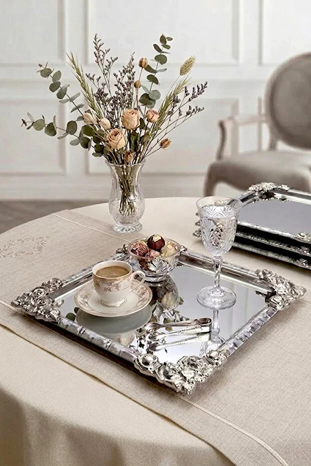 Kitchen Life 6-Piece Square Stainless Steel Silver Vintage Embossed Coffee Presentation Tray-Luxury Serving Tray