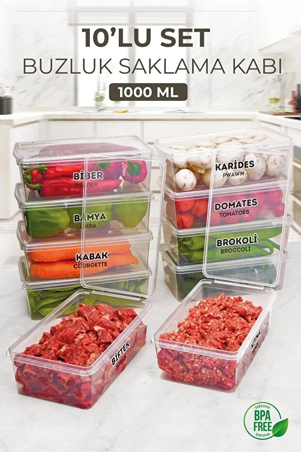 Kitchen Life 10 Pieces 1000ml Deep Freezer Storage Containers with Lids - Refrigerator Organizer Icebox Food Storage Container