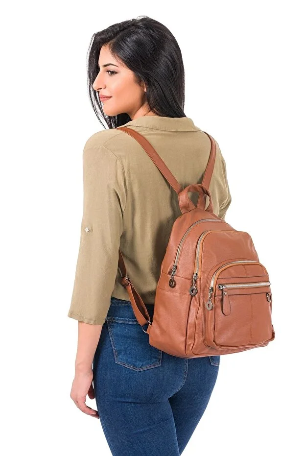 By Hakan Tk-06 Women's Backpack Washed Leather Daily Bag Multi-Compartment Bag Taba