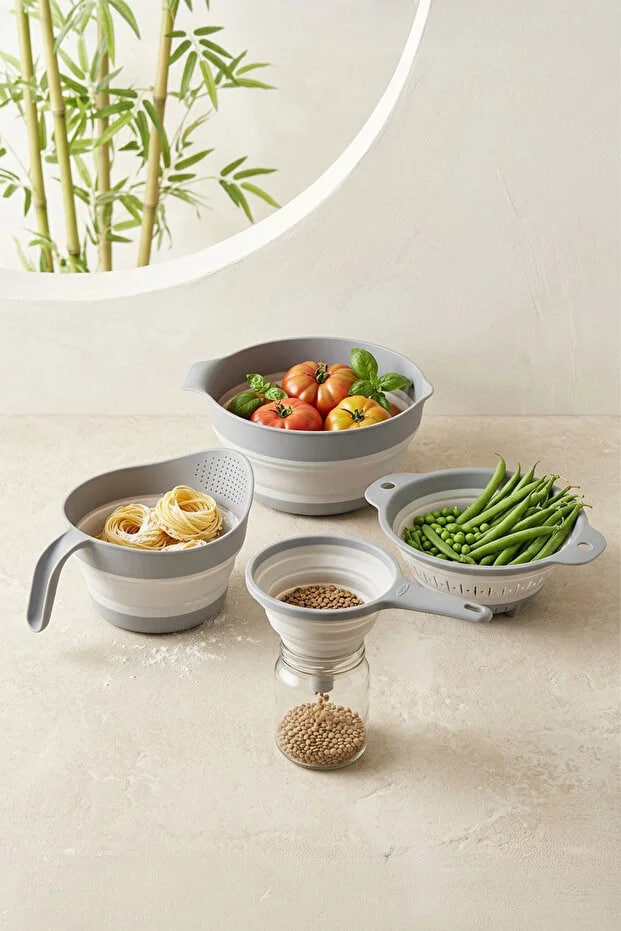 Kitchen Life 4-Piece Accordion Folding Strainer Set - Kitchen Dowry Set (Accordion Handle Rice Strainer Funnel Gray)