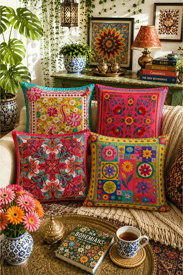 SasoHome Bohemian Style Colorful Decorative Throw Pillow Covers Set of 4 Digital Printed Living Room Sofa Pillow Covers