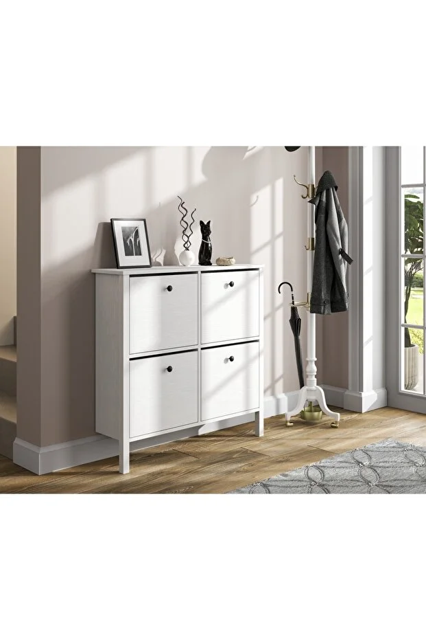 Sakura Ahşap Hunerika Limma Shoe Rack with 4 Lids -Wood White-Minifiks Connected