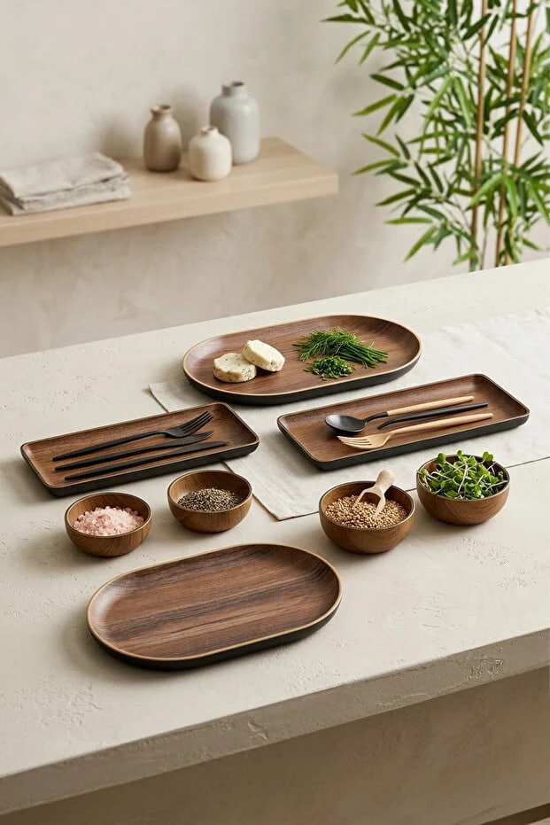 Kitchen Life 8-Piece Wooden Look Breakfast Presentation Set - Serving Plates and Bowls, Decorative Plate Set