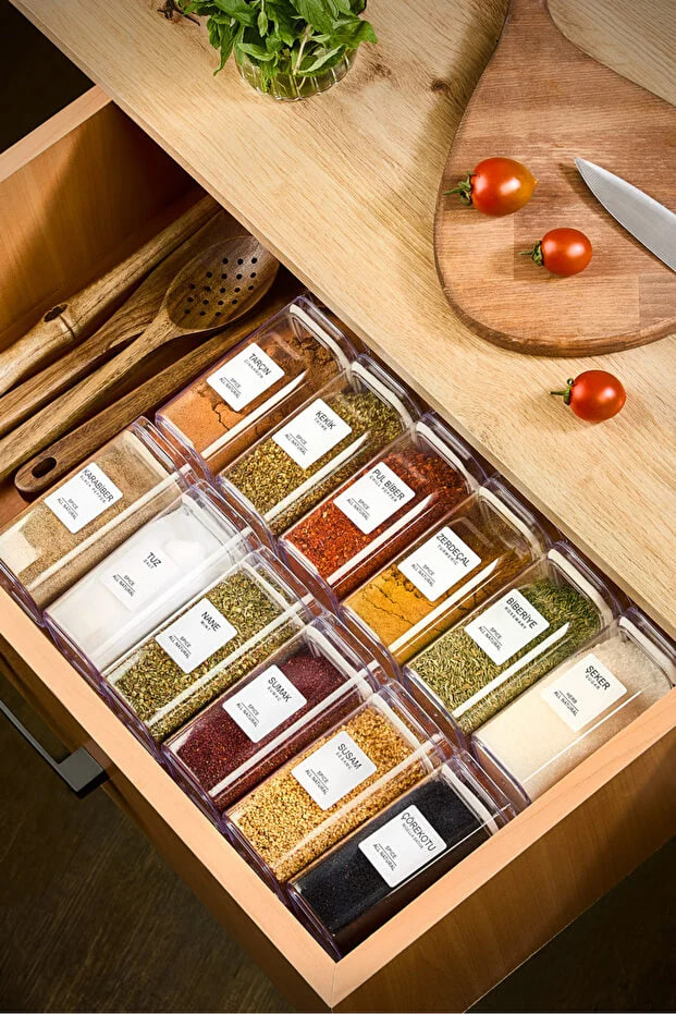 Kitchen Life 12-Piece Acrylic Vacuum Square Spice Bowl Set with Label 300 ml -Spice Bowl Set with Leak-proof Lid
