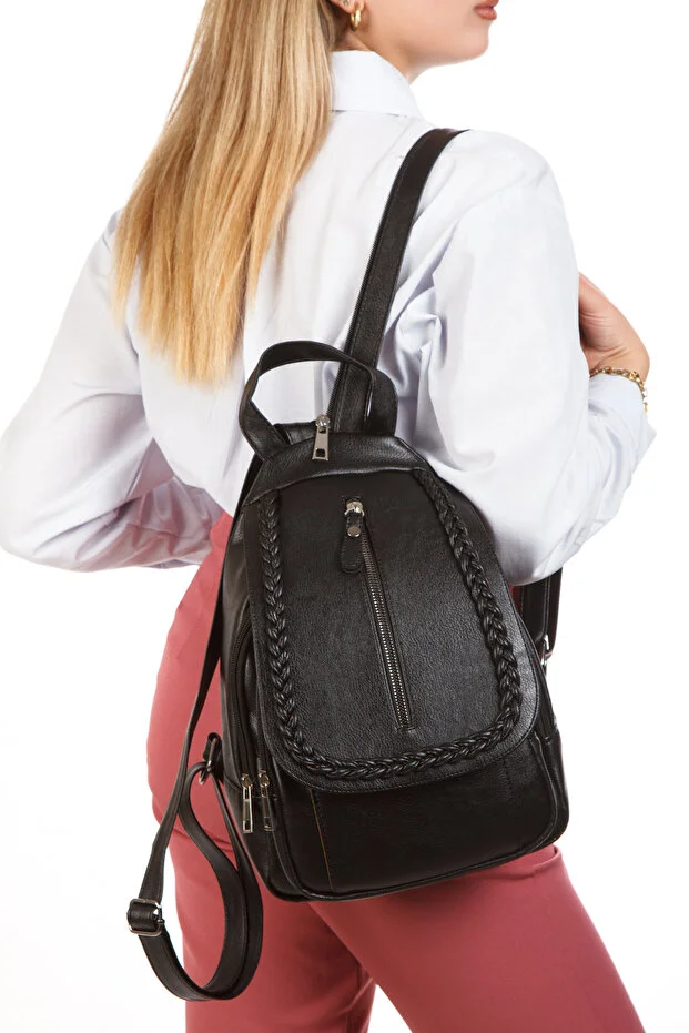 By Hakan Gk66 Women's Backpack Suitable for Daily Use with Knitted Motif Covered Bag Black