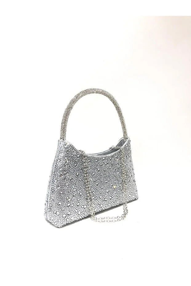 womenacs Silver Color Water Drop Stone Handheld Evening Dress Clutch Portfolio Wedding Engagement Henna Women's Evening Bag (with Strap)