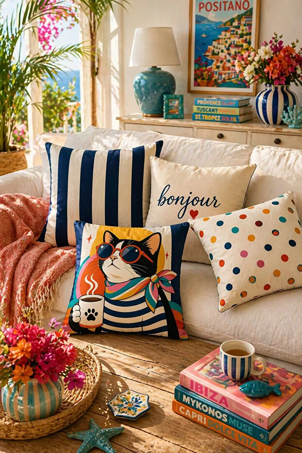SasoHome Bonjour & Cat Patterned Modern 4-Piece Throw Pillow Set Energetic & Stylish Living Room Decor