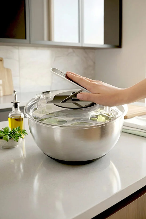 Kitchen Life 5 Piece Stainless Steel Spinner Salad Dryer-Multi-Purpose Storage Container Set