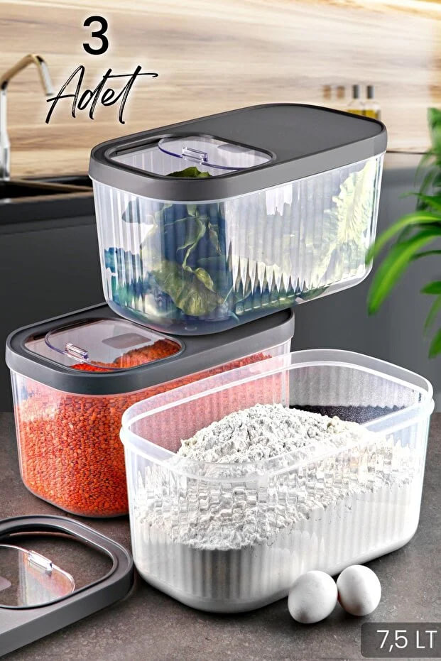 Kitchen Life 3-Piece Jumbo Size Provisions Pulses 7.5 L Striped Storage Container - Multi-Purpose Storage Box with Sliding Lid