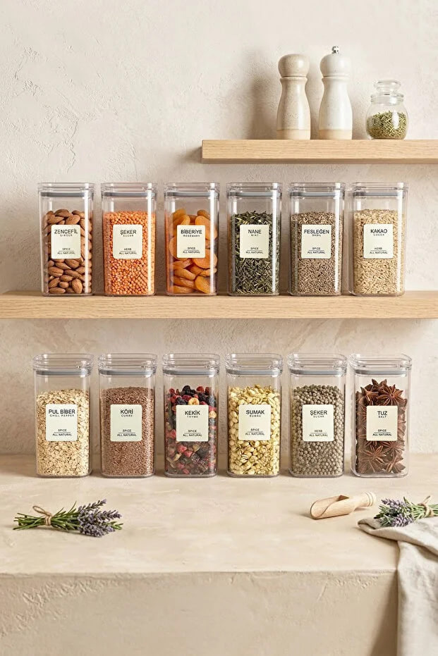 Kitchen Life Set of 12 Acrylic Gray Vacuum Square Spice Jars with Leak-Proof Lids and Labels, 300 ml