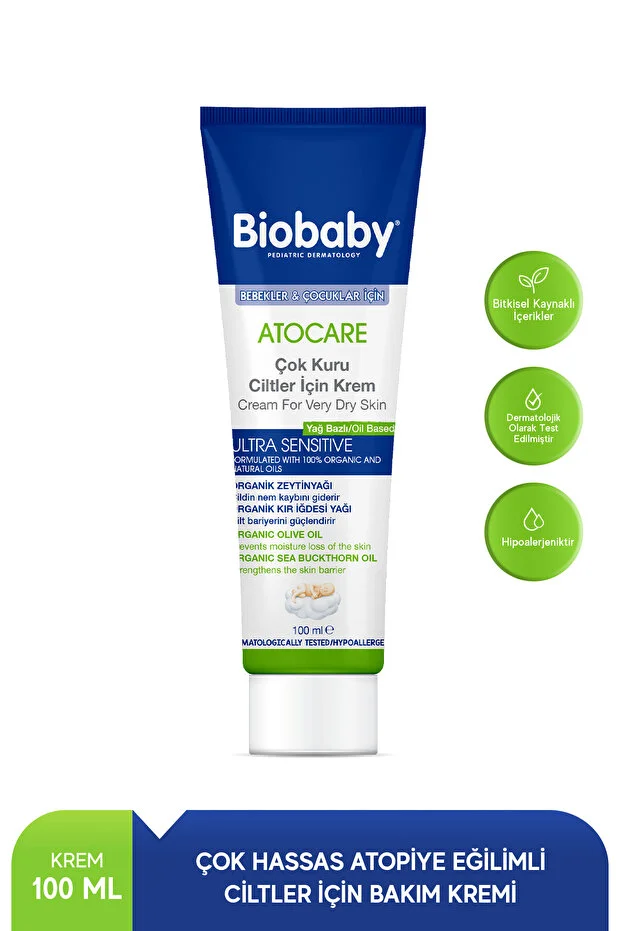 Biobaby Cream for Very Dry Skin 100 ml - Organic Sea Buckthorn Oil Organic Olive Oil Atopic Skin