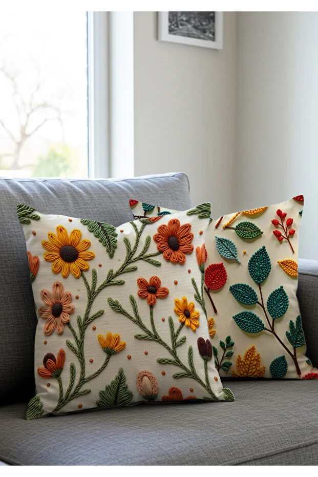 Artvibe Punch Embroidery Pattern Digital Printed Yellow Orange Autumn Themed 2-Piece Throw Pillow Cover