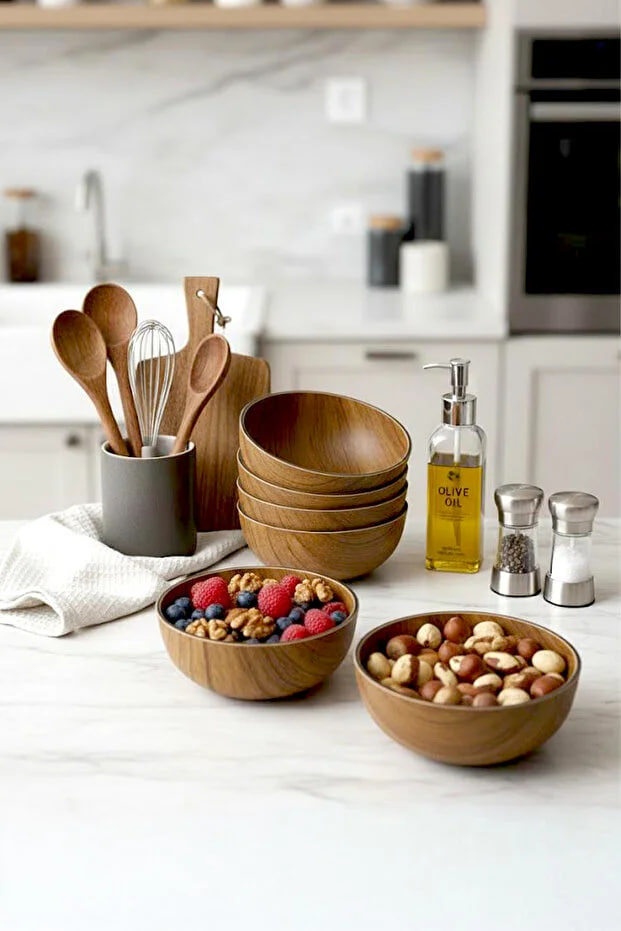 Kitchen Life 6-Piece Wooden Look Snack Bowl Round Serving Bowl Presentation Bowl 10 cm