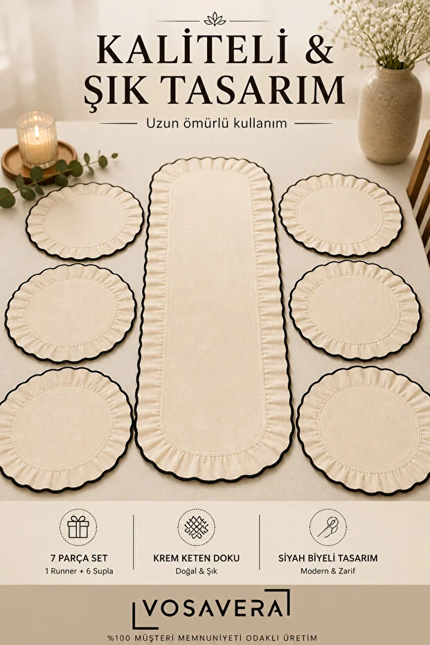 vosvera 100% Linen Runner and 6-Piece Supla Set with 7-Piece Ruffled Ribbed Runner as a Gift