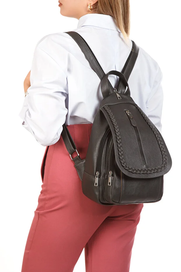By Hakan Gk66 Women's Backpack Suitable for Daily Use Knitted Motif Covered Bag Gray