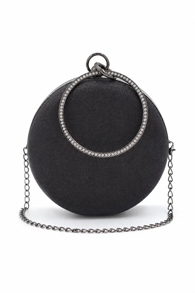 Black Women's Round Shaped Stone Detailed Chain Strap Evening Dress Clutch Bag Stylish Evening Event Bag