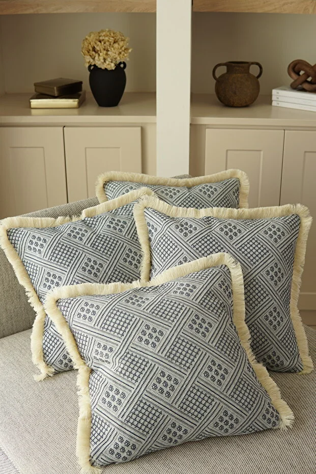 Pilloveland 4 Pieces of Natural Cotton Traditional Buldan Woven Throw Pillow Case - 42*42 cm - Navy Blue