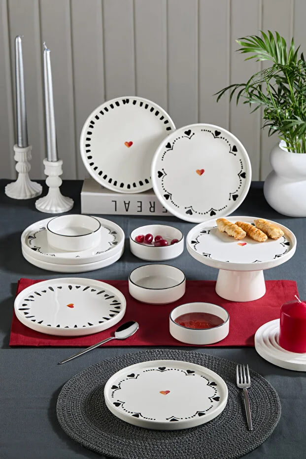 Kitchen Life Premium 11 Piece Black Hearts Breakfast Set with Stand - Handmade Heart Breakfast Set