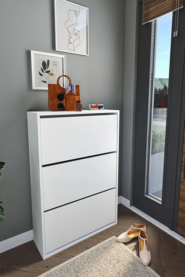 Bofigo Sliding Shoe Rack with Cover, Shoe Rack with Sliding Shelves, 3-Section Shoe Rack, Angel White