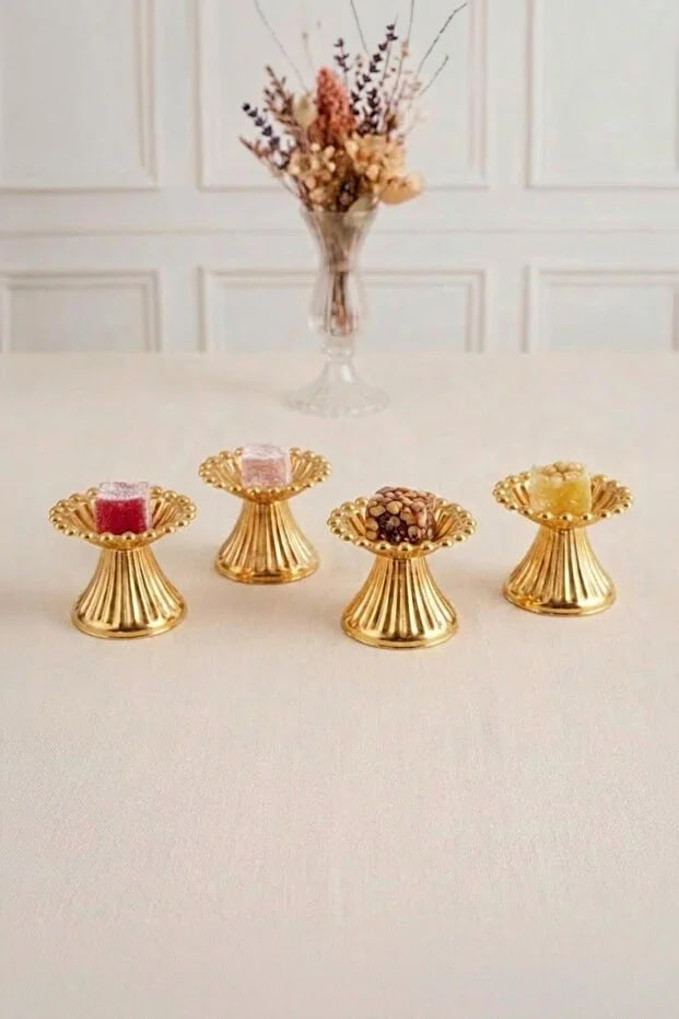 Kitchen Life 4-Piece Beaded Gold Macaron Holder, Candy Bowl, Coffee Side Serving Tray - Decorative Bowl