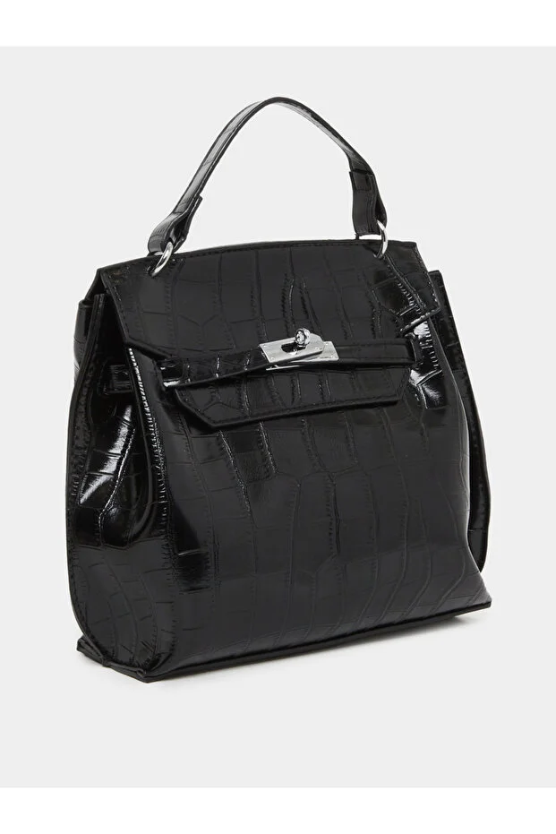 Styli Black Twist Lock Textured Handbag