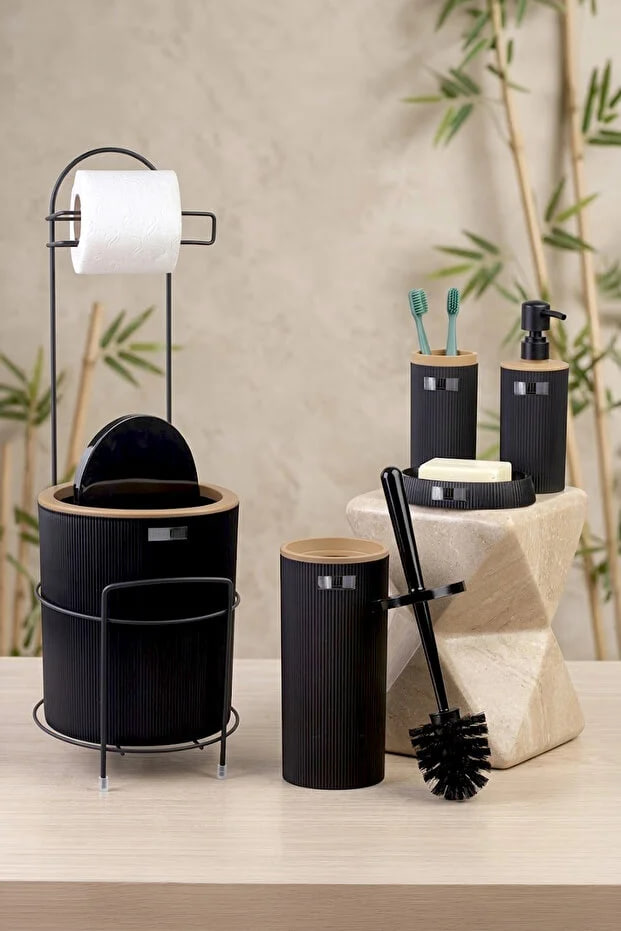 Kitchen Life Black Round Mina Due Stand Wc Paper Holder and 6 Piece Bathroom Set
