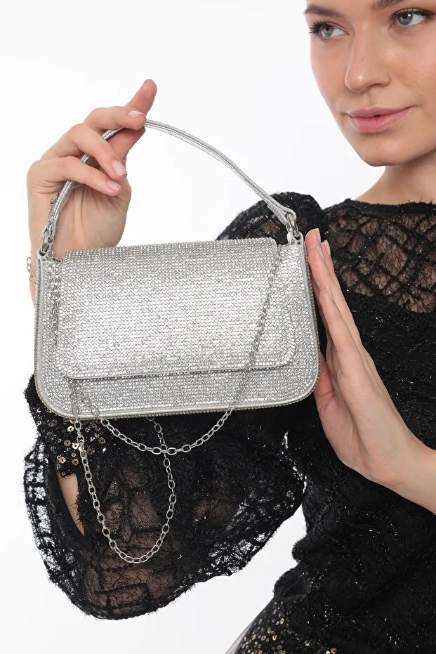 womenacs Silver Color Stoned Shoulder Strap Stylish New Season Women's Evening Dress Portfolio Wedding Clutch Bag